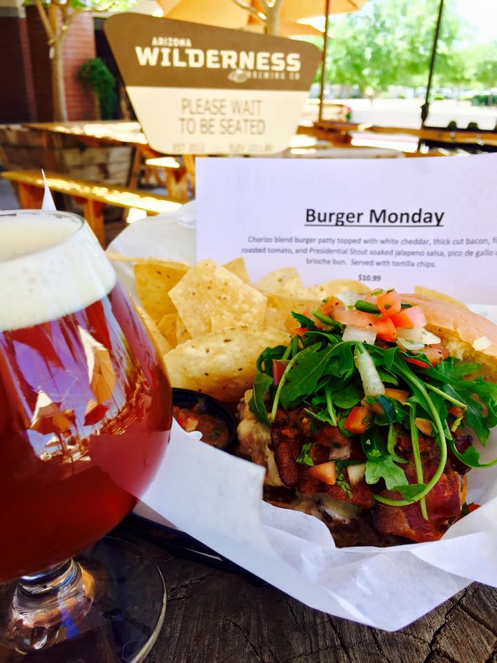 This spicy chorizo burger with a presidential stout smoked salsa pairs perfectly with our "O-line" triple IPA! - via Arizona Wilderness Brewing Co.'s Facebook page